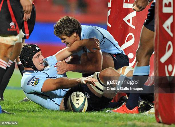Dean Mumm of the Waratahs celebrates his try dduring the Super 14 match between Auto & General Lions and Waratahs from Coca-Cola Park on May 15, 2009...
