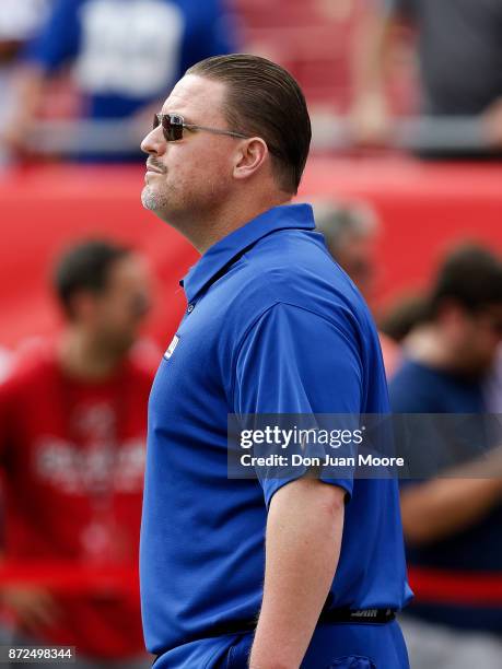 Head Coach Ben McAdoo of the New York Giants during pre-game warm up before playing against the Tampa Bay Buccaneers at Raymond James Stadium on...