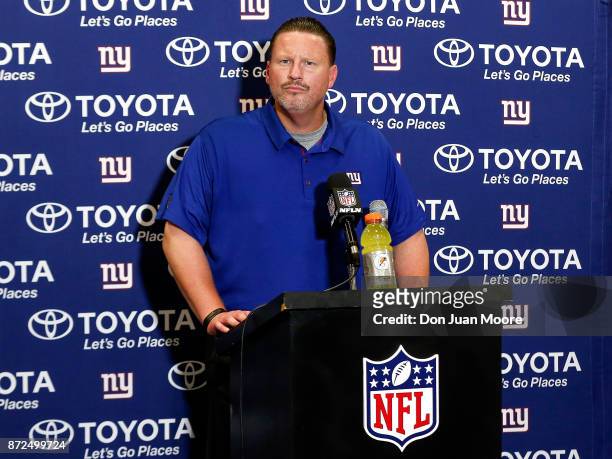 Head Coach Ben McAdoo of the New York Giants addresses the media in his post game press conference after the game against the Tampa Bay Buccaneers at...