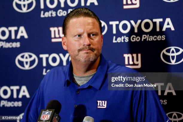 Head Coach Ben McAdoo of the New York Giants addresses the media in his post game press conference after the game against the Tampa Bay Buccaneers at...