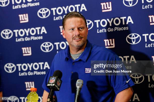 Head Coach Ben McAdoo of the New York Giants addresses the media in his post game press conference after the game against the Tampa Bay Buccaneers at...