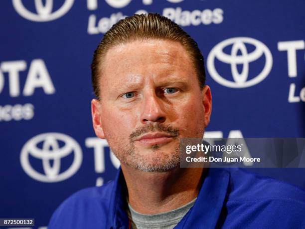 Head Coach Ben McAdoo of the New York Giants addresses the media in his post game press conference after the game against the Tampa Bay Buccaneers at...