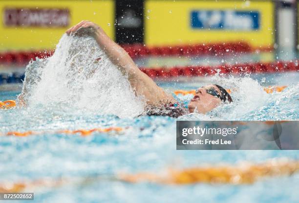 Katinka Hosszu of Hungary competes in the Women's 100m Backstroke final on day one of the FINA swimming world cup 2017 at Water Cube on November 10,...