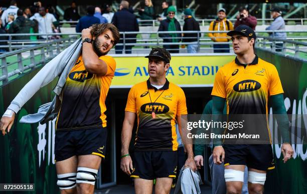 Dublin , Ireland - 10 November 2017; Assistant coach Johann van Graan, centre, with Lood de Jager, left, and Franco Mostert during the South Africa...