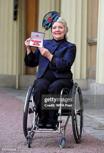 Angela Malone after she was awarded an MBE by the Duke of Cambridge at an Investiture ceremony at Buckingham Palace on November 10, 2017 in London,...