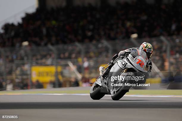 Yuki Takahashi of Japan and Scot Racing Team heads down a straight during the practice day for the MotoGP of France on May 15, 2009 in Le Mans,...