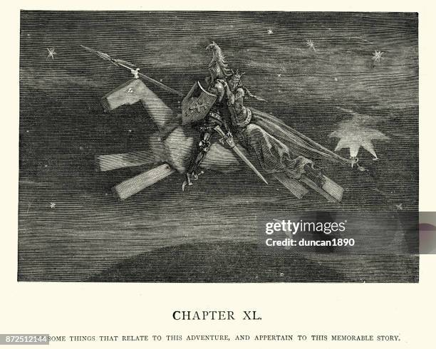 don quixote - knight on the wooden horse - hobby horse stock illustrations