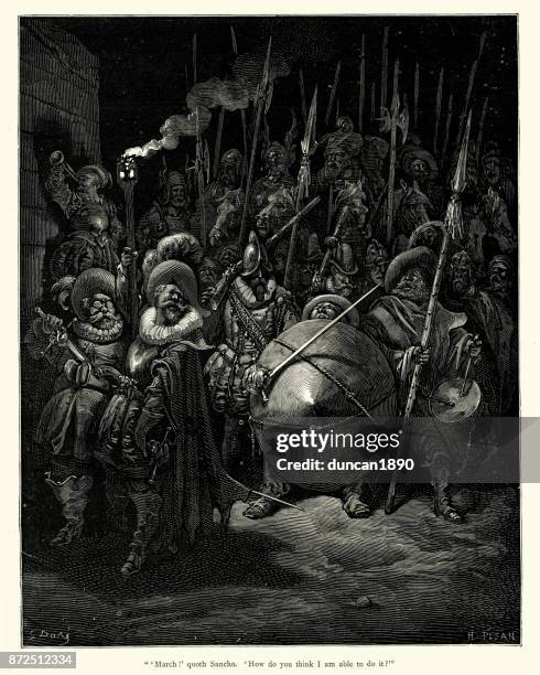 don quixote - march! quoth sancho - halberd stock illustrations