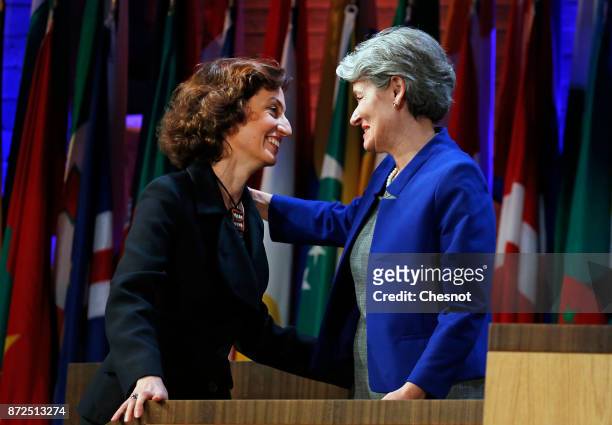 Outgoing United Nations Educational, Scientific and Cultural Organization Director General Irina Bokova embraces newly nominated Director General...