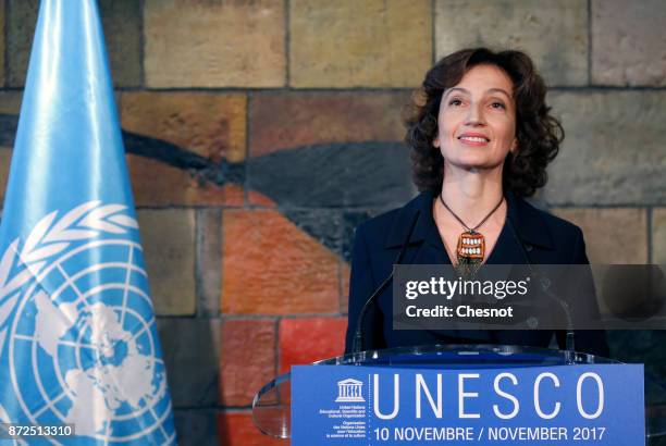 United Nations Educational, Scientific and Cultural Organization newly nominated Director General Audrey Azoulay attends a press conference at the...