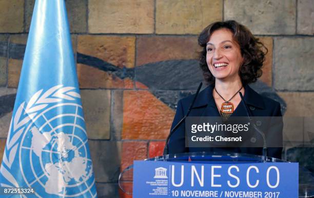 United Nations Educational, Scientific and Cultural Organization newly nominated Director General Audrey Azoulay attends a press conference at the...