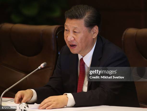 Chinese President Xi Jinping speaks during a bilateral meeting at the Asia-Pacific Economic Cooperation Leaders Summit on November 10, 2017 in Da...