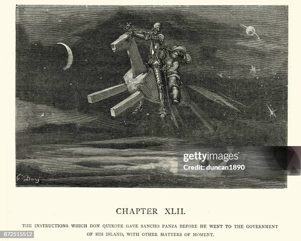 ilustraciones, imágenes clip art, dibujos animados e iconos de stock de don quijote y sancho panza volando en el caballo de madera - don quixote horse
