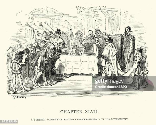 don quixote - sancho panza's behaviour in his government - banquet hall stock illustrations