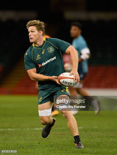 Qantas Wallabies captain Michael Hooper in action during the Australia Captain's Run ahead of their match tomorrow against Wales at Principality...