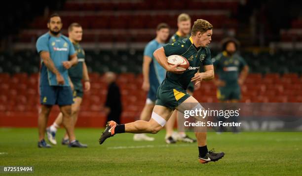 Qantas Wallabies captain Michael Hooper in action during the Australia Captain's Run ahead of their match tomorrow against Wales at Principality...