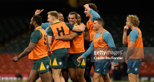 Qantas Wallabies player Karmichael Hunt enjoys a joke with team mates during the Australia Captain's Run ahead of their match tomorrow against Wales...