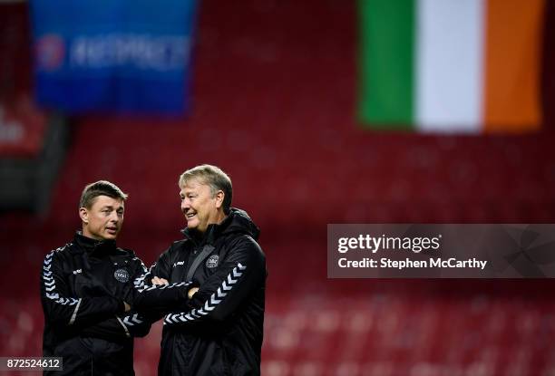 Copenhagen , Denmark - 10 November 2017; Denmark manager Aage Hareide and assistant Jon Dahl Tomasson, left, during Denmark squad training at Parken...