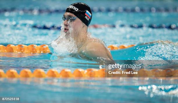 Anton Chupkov of Russia competes in the Men's 200m Breaststroke final on day one of the FINA swimming world cup 2017 at Water Cube on November 10,...