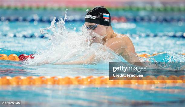 Anton Chupkov of Russia competes in the Men's 200m Breaststroke final on day one of the FINA swimming world cup 2017 at Water Cube on November 10,...