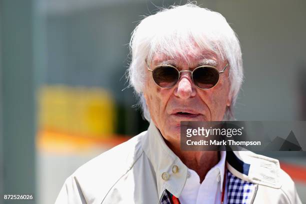 Bernie Ecclestone, Chairman Emeritus of the Formula One Group talks in the Paddock during practice for the Formula One Grand Prix of Brazil at...