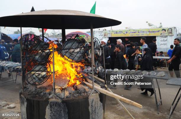 Iraqi grilled fish called masgouf is prepared over a fire as Shiite pilgrims march from Baghdad to the shrine of Imam Hossein to commemorate arbaeen,...