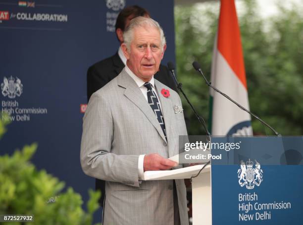 Prince Charles, Prince of Wales makes a speech during a reception at the High Commissioner's Residence during a visit to India on November 9, 2017 in...