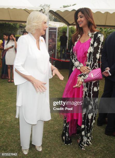 Camilla, Duchess of Cornwall meets Shilpa Shetty during a reception at the High Commissioner's Residence during a visit to India on November 9, 2017...