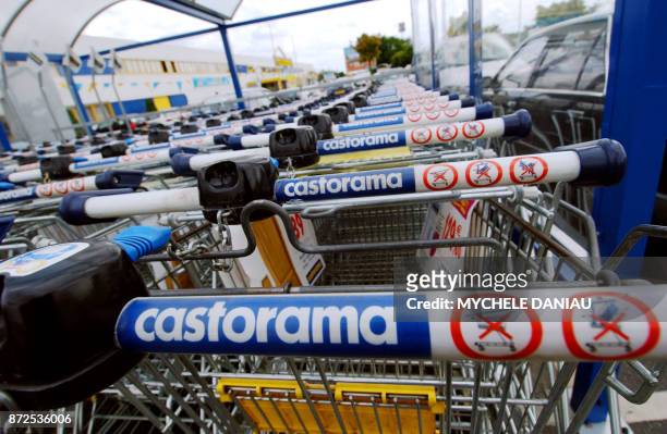 Photo de chariots de supermarché du magasin Castorama de Hérouville St Clair , le 10 août 2004. Castorama détient 30% du marché du bricolage en...