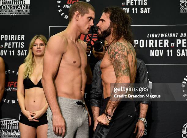 Joe Lauzon and Clay Guida face off during the UFC Fight Night Weigh-in on November 10, 2017 in Norfolk, Virginia.