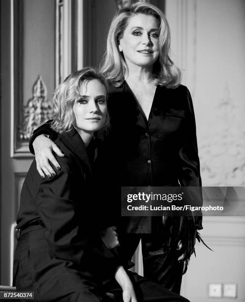 Actresses Catherine Deneuve, Diane Kruger are photographed for Madame Figaro on September 7, 2017 in Paris, France. Kruger: Jacket and pants ....