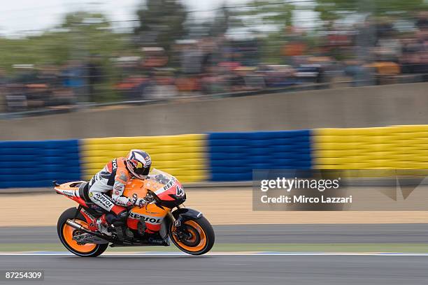 Andrea Dovizioso of Italy and Repsol Honda Team heads down a straight during the practice day for the MotoGP of France on May 15, 2009 in Le Mans,...