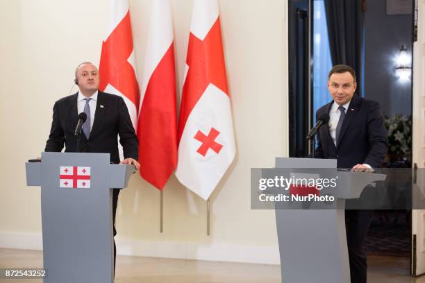 President of Georgia Giorgi Margvelashvili and President of Poland Andrzej Duda during the press conference at Presidential Palace in Warsaw, Poland...