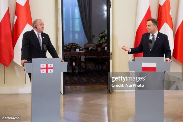 President of Georgia Giorgi Margvelashvili and President of Poland Andrzej Duda during the press conference at Presidential Palace in Warsaw, Poland...