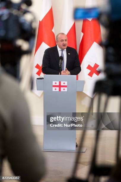 President of Georgia Giorgi Margvelashvili during the press conference with President of Poland Andrzej Duda at Presidential Palace in Warsaw, Poland...