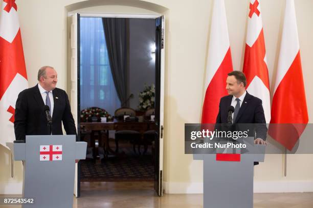 President of Georgia Giorgi Margvelashvili and President of Poland Andrzej Duda during the press conference at Presidential Palace in Warsaw, Poland...