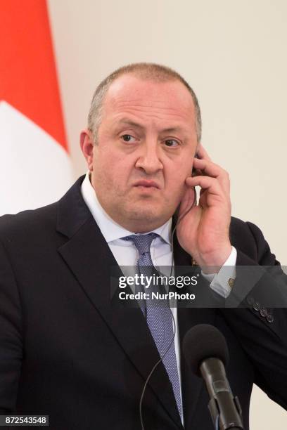 President of Georgia Giorgi Margvelashvili during the press conference with President of Poland Andrzej Duda at Presidential Palace in Warsaw, Poland...