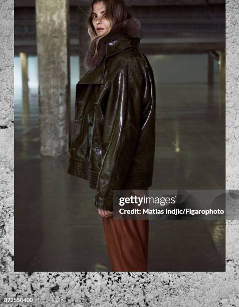 Model Estee Rammant poses at a fashion shoot for Madame Figaro on September 19, 2017 in Paris, France. Outer jacket , inner jacket , pants ....