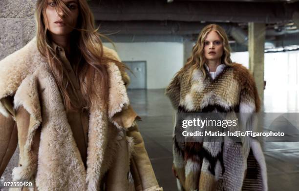 Models Estee Rammant and Nathalia O pose at a fashion shoot for Madame Figaro on September 19, 2017 in Paris, France. Left: Coat , shirt . Right:...