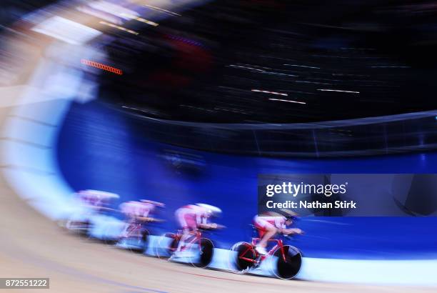 Casper Pedersen, Casper Von Folsach, Julius Johansen and Niklas Larsen of Denmark compete in the Team Pursuit during the TISSOT UCI Track Cycling...