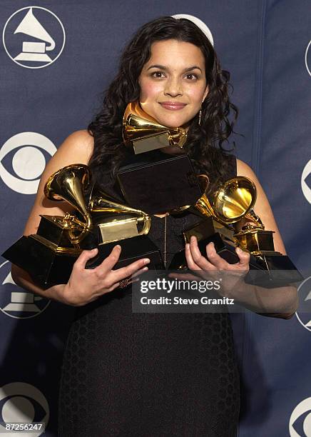 Norah Jones wins five GRAMMYs, for Best Pop Vocal Album for "Come Away With Me", Best Female Pop Vocal Performance for "Don't Know Why", Album of the...