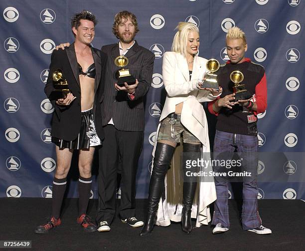 Adrian Young, Tom Dumont, Gwen Stefani and Tony Kanal take the GRAMMY for Best Pop Performance by a Duo or Group with Vocal for "Hey Baby".