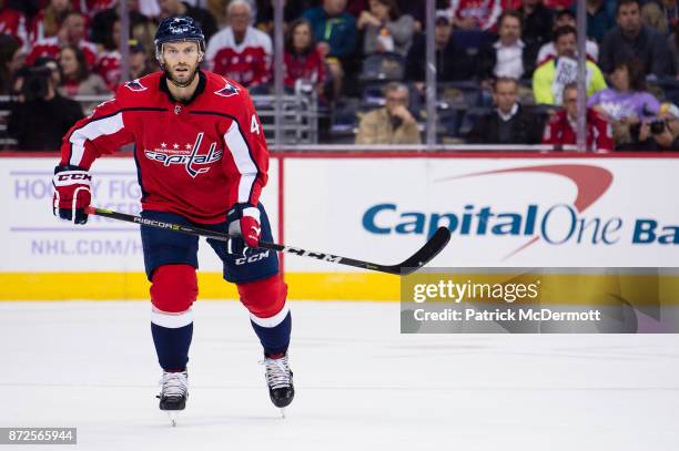 Taylor Chorney of the Washington Capitals skates in the first period against the New York Islanders at Capital One Arena on November 2, 2017 in...