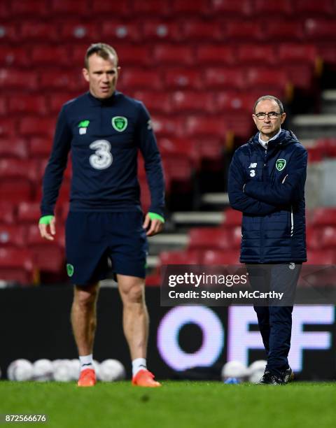 Copenhagen , Denmark - 10 November 2017; Manager Martin O'Neill, right, and Glenn Whelan during Republic of Ireland squad training at Parken Stadium...