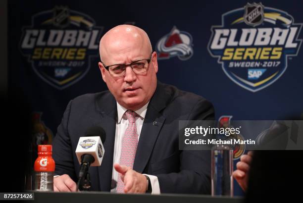 Deputy Commissioner Bill Daly addresses the media at the Ericsson Globe on November 10, 2017 in Stockholm, Sweden.