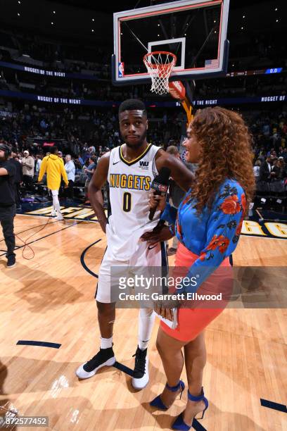 Emmanuel Mudiay of the Denver Nuggets is interviewed by Rosalyn Gold-Onwude go TNT after the game against the Oklahoma City Thunder on November 9,...