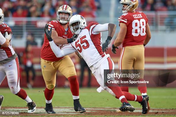 Arizona Cardinals outside linebacker Chandler Jones battles with San Francisco 49ers offensive tackle Erik Magnuson during an NFL game between the...