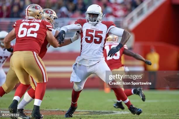 Arizona Cardinals outside linebacker Chandler Jones battles with San Francisco 49ers offensive tackle Erik Magnuson during an NFL game between the...