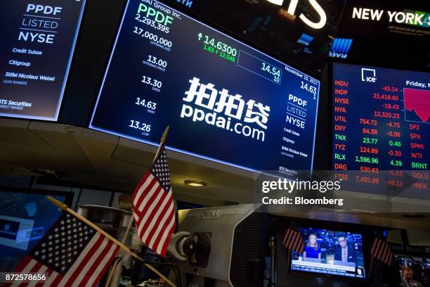 Monitor displays PPDAI Group Inc. Signage on the floor of the New York Stock Exchange in New York, U.S., on Friday, Nov. 10, 2017. Treasuries fell...