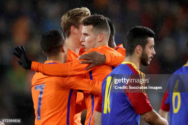 Oussama Idrissi of Holland U21 celebrates 4-0 with Justin Kluivert of Holland U21, Frenkie de Jong of Holland U21 during the match between Holland...
